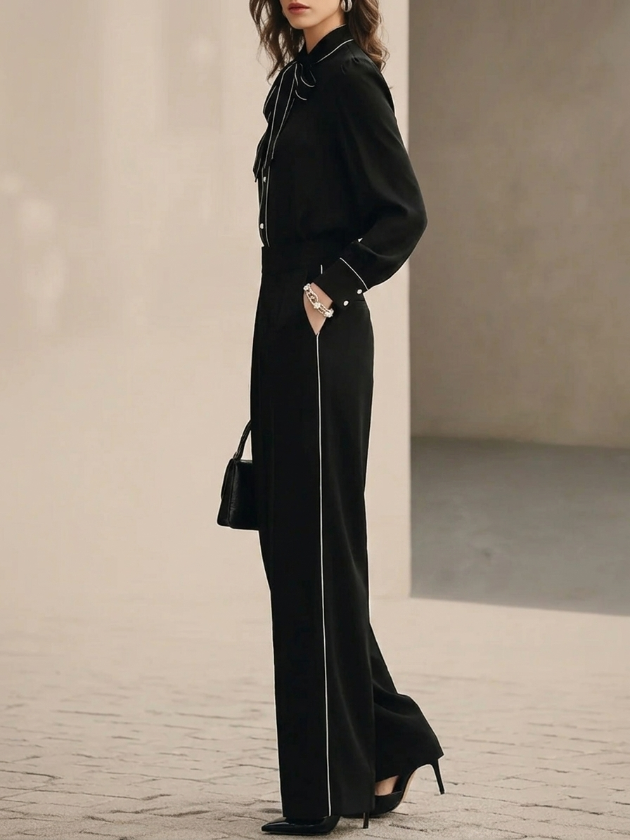 Blusa con Papillon a Righe Bianche e Nere e Pantaloni a Gamba Larga Set di Due Pezzi
