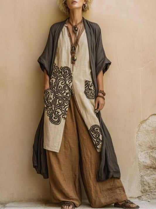 Set di Tre Pezzi in Grigio Scuro e Marrone con Motivo Tribale Bohemien Nomade