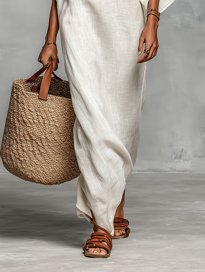 Abito Maxi Bianco con Spalle Scoperte e Maniche a Pipistrello