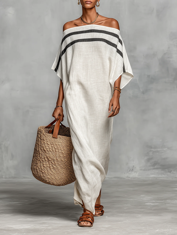 Abito Maxi Bianco con Spalle Scoperte e Maniche a Pipistrello