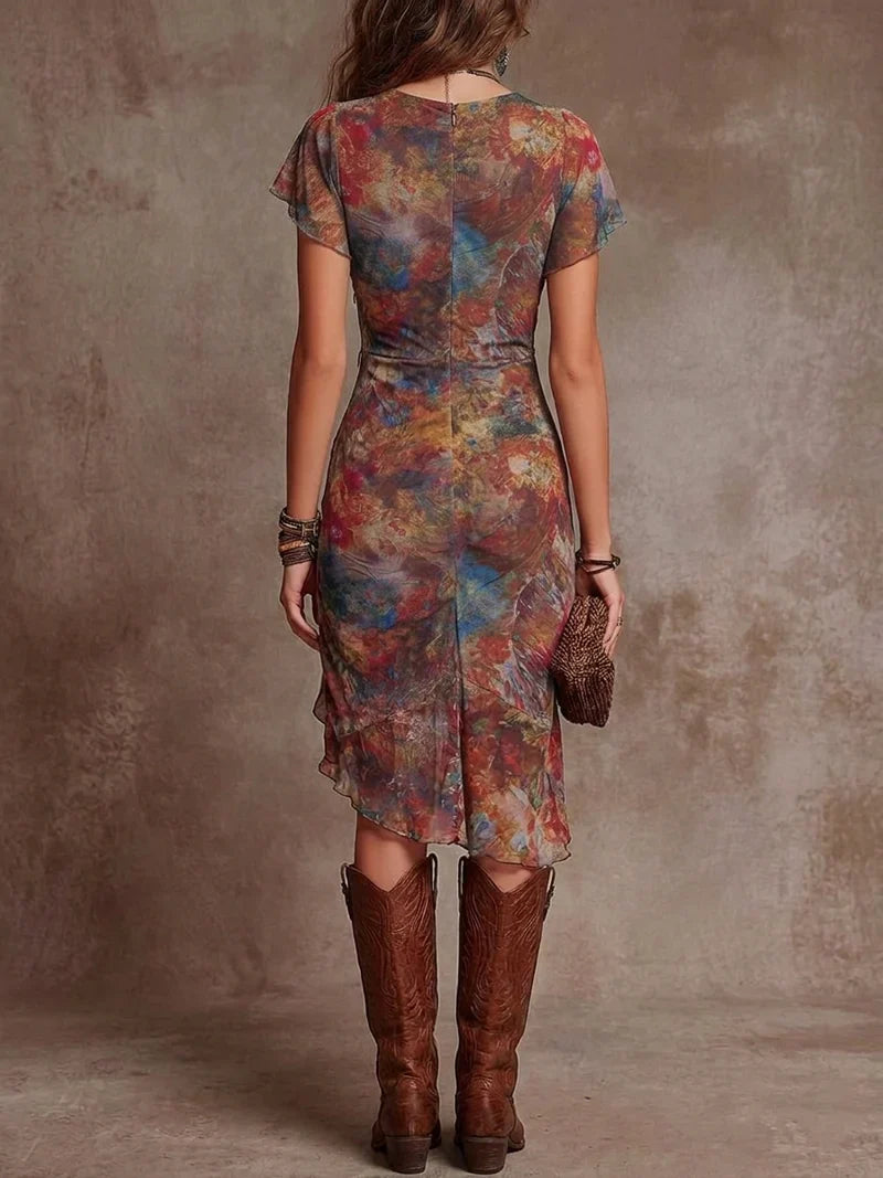 Salomé Vestito Midi Plissettato con Scollatura a V e Stampa Bohemien Astratta