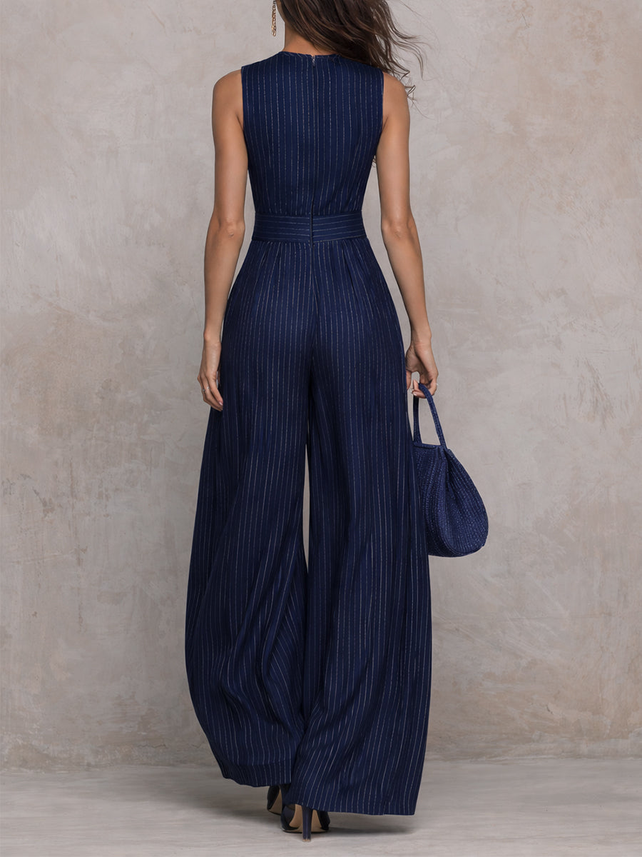 Salopette a gamba larga con scollatura a chiave blu scuro a righe