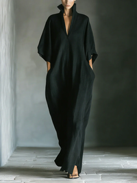 Abito Maxi Nero Minimalista con Maniche a Kimono Oversized