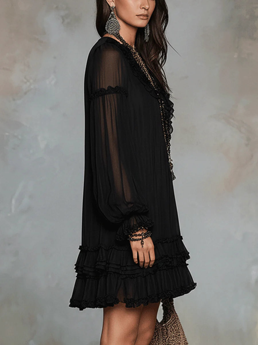 Abito Mini in Chiffon Nero con Maniche a Lantern e Rouches