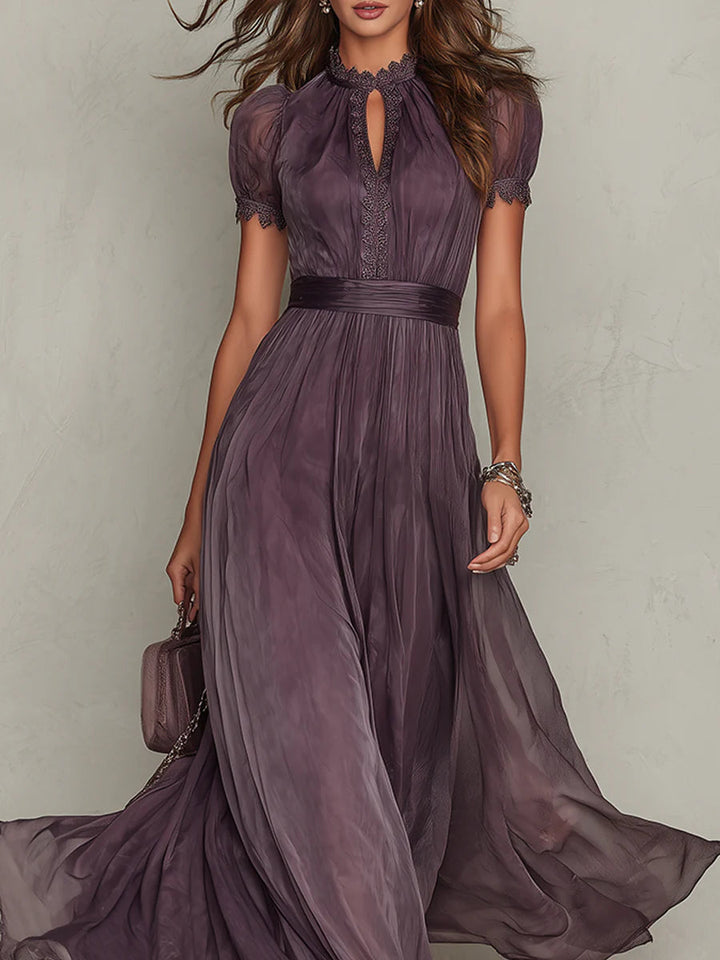 Abito Maxi in Chiffon con Collo a Chiave e Pizzo