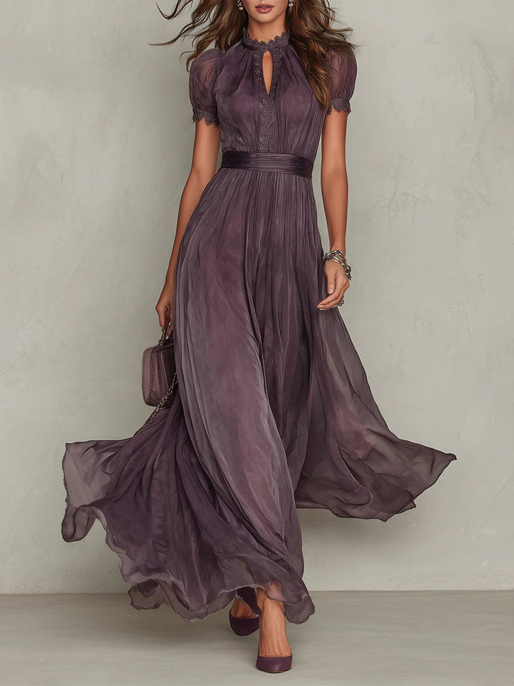Abito Maxi in Chiffon con Collo a Chiave e Pizzo