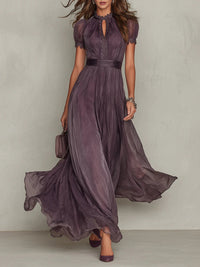 Abito Maxi in Chiffon con Collo a Chiave Viola