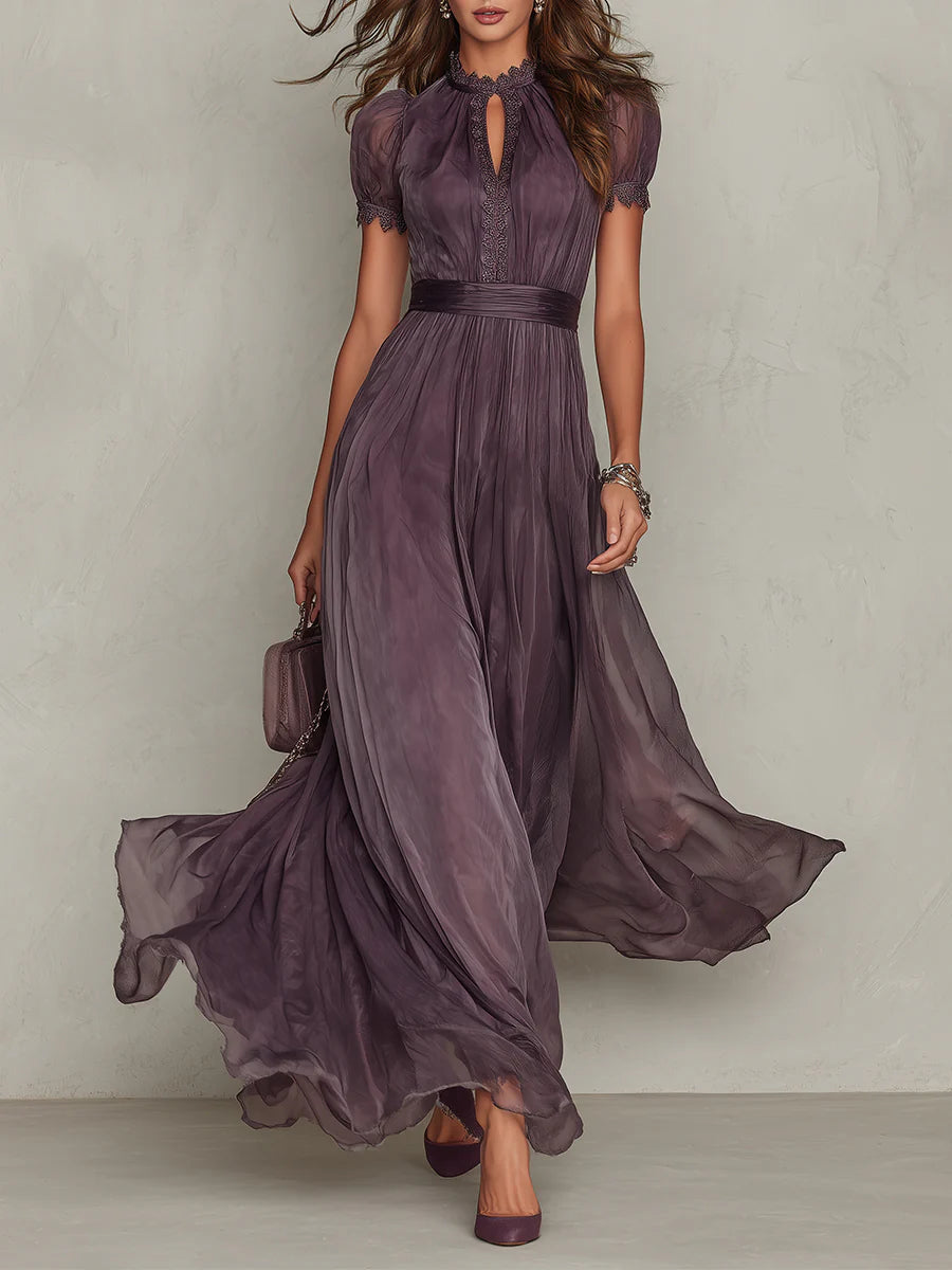Abito Maxi in Chiffon con Collo a Chiave e Pizzo