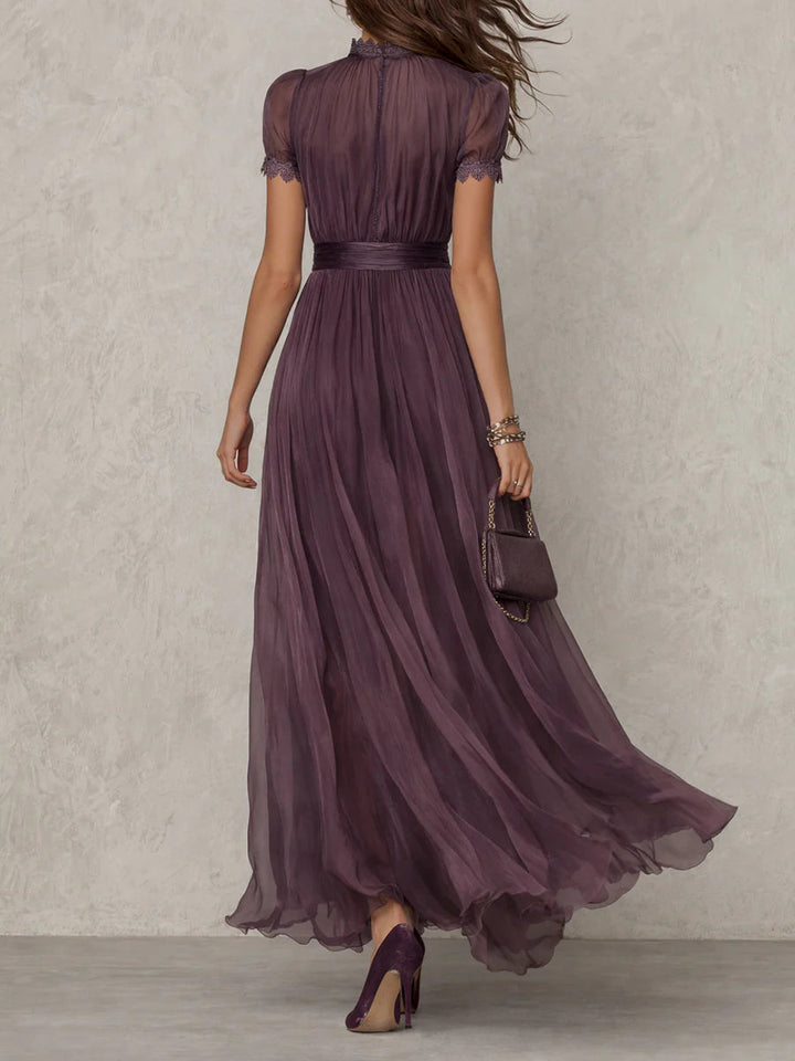 Abito Maxi in Chiffon con Collo a Chiave Viola