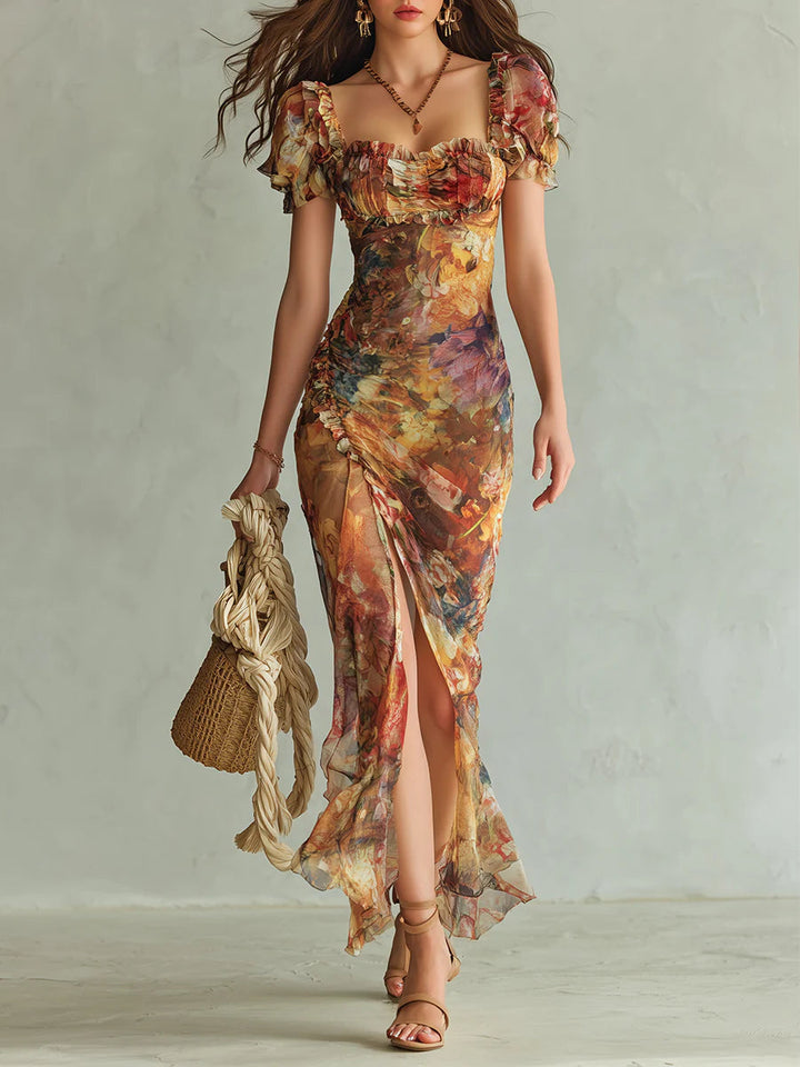 Stampa di olio su tela bohemien arancione abito maxi in chiffon