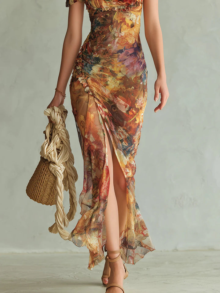 Stampa di olio su tela bohemien arancione abito maxi in chiffon