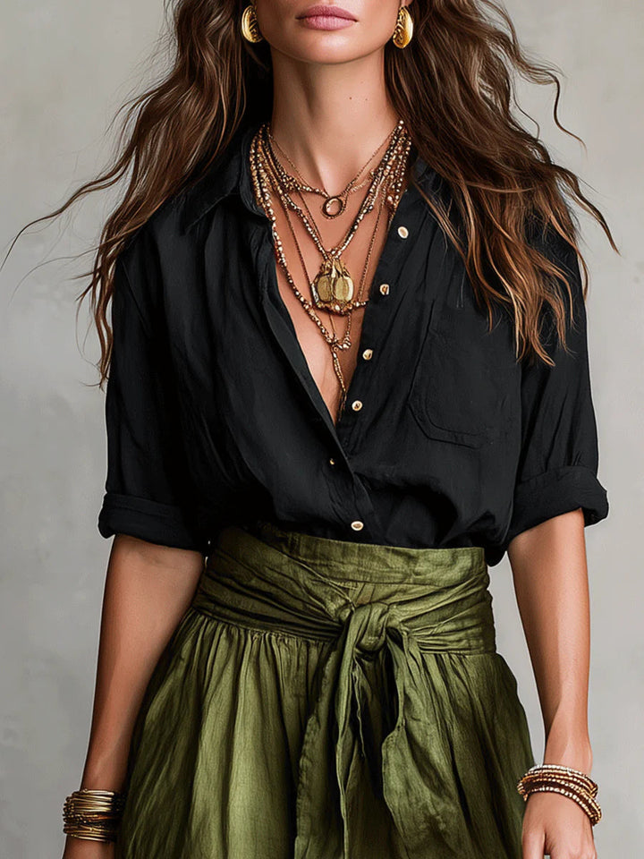 RIVER | Set di Due Pezzi: Top Nero e Gonna Midi Verde Oliva