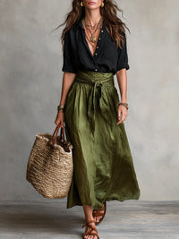 RIVER | Set di Due Pezzi: Top Nero e Gonna Midi Verde Oliva