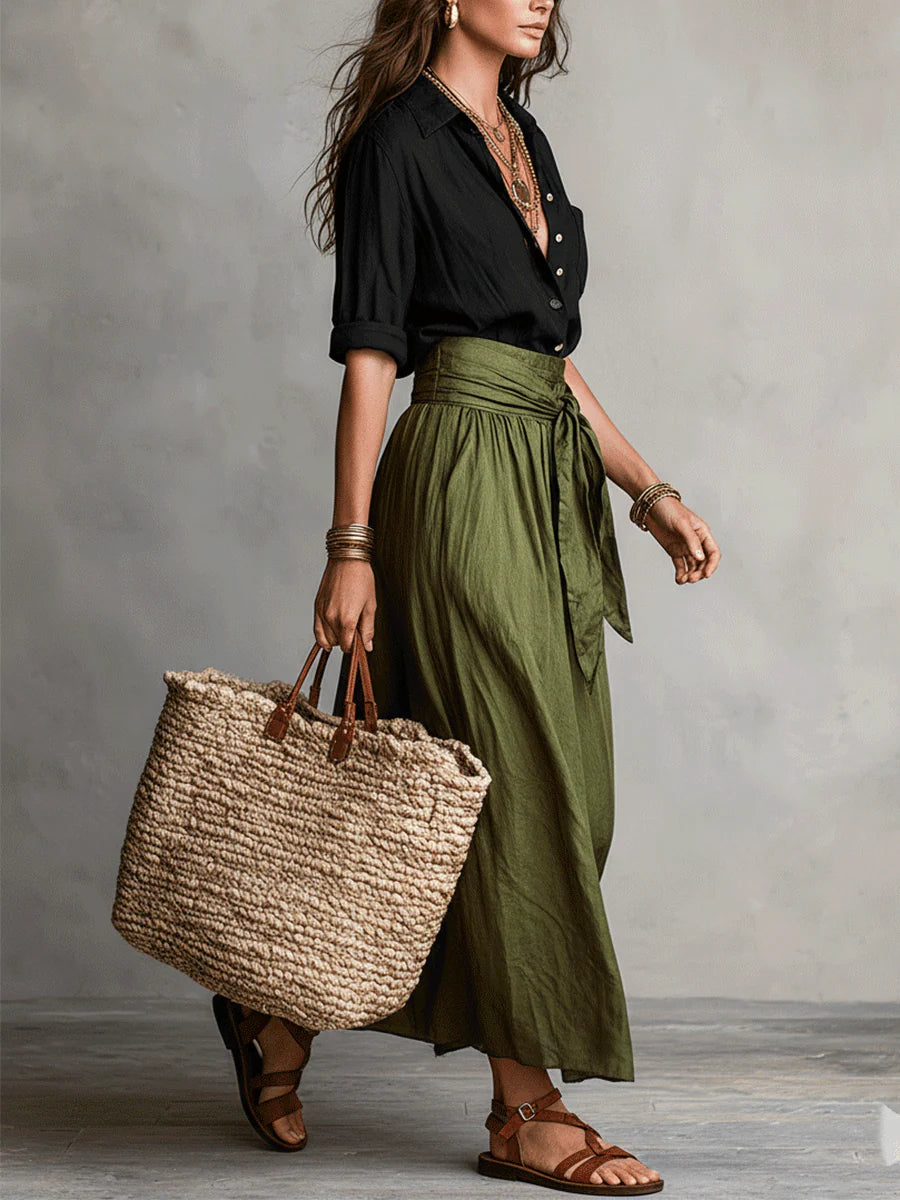 Completo Due Pezzi: Camicia Nera e Gonna Midi Verde Oliva