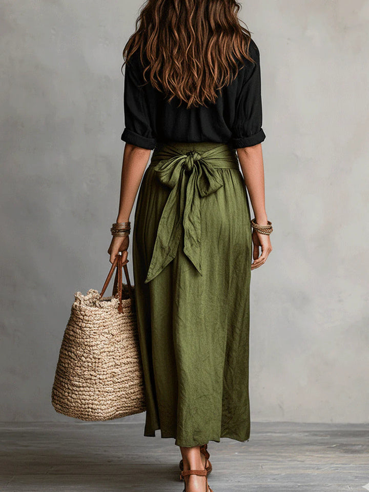 Completo Due Pezzi: Camicia Nera e Gonna Midi Verde Oliva