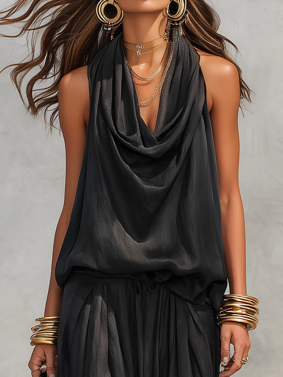 Set di Top Senza Maniche con Collo Halter Nero e Pantaloni Plissettati