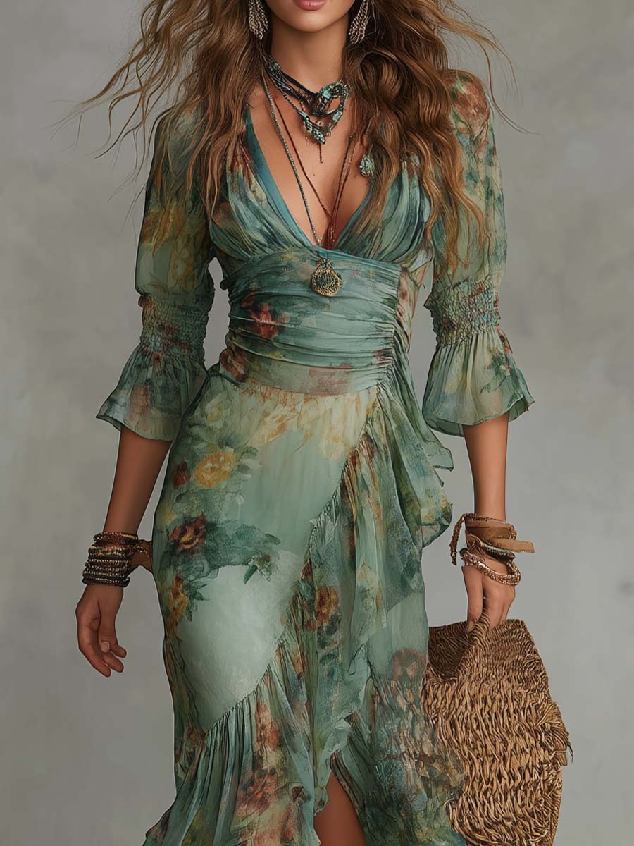 Abito Maxi in Chiffon Verde Erba con Rouches Irregolari e Spacco