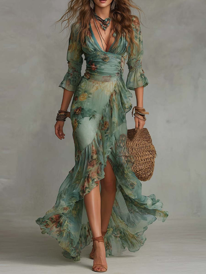 Abito Maxi in Chiffon Verde Erba con Rouches Irregolari e Spacco