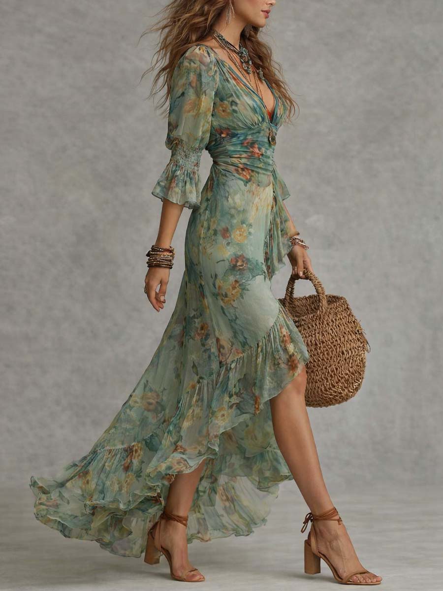 Abito Maxi in Chiffon Verde Erba con Rouches Irregolari e Spacco