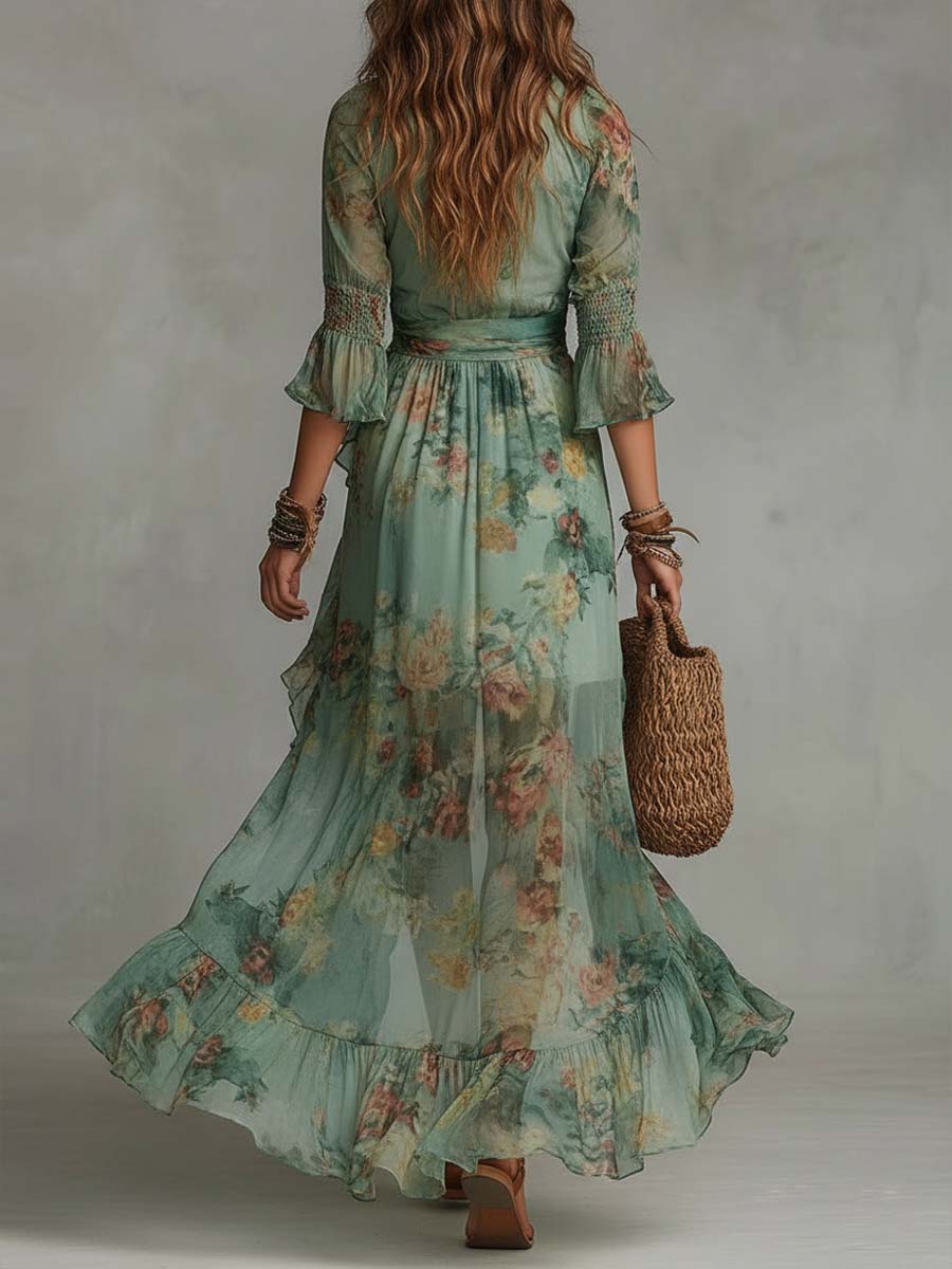 Abito Maxi in Chiffon Verde Erba con Rouches Irregolari e Spacco