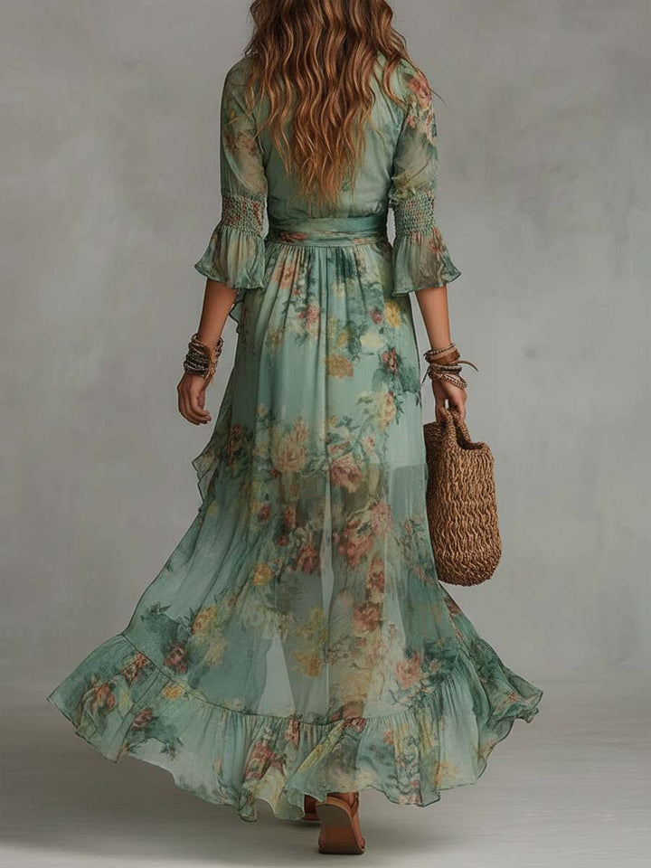 Abito Maxi in Chiffon Verde Erba con Rouches Irregolari e Spacco