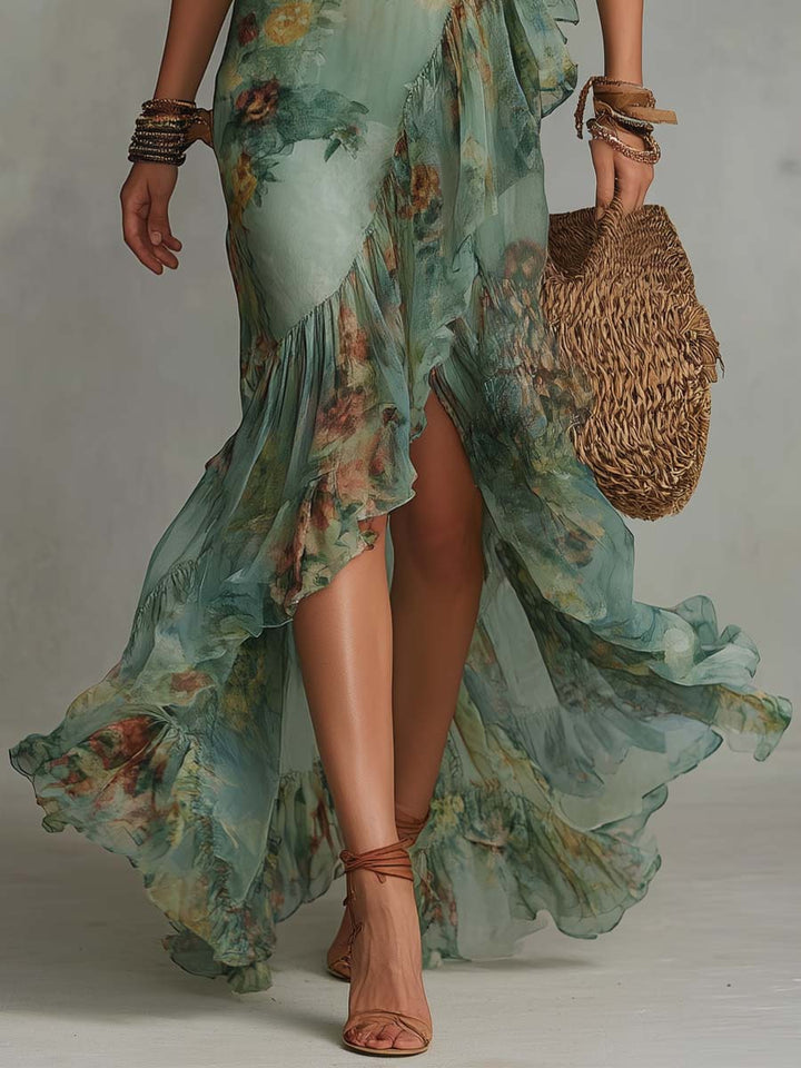 Abito Maxi in Chiffon Verde Erba con Rouches Irregolari e Spacco