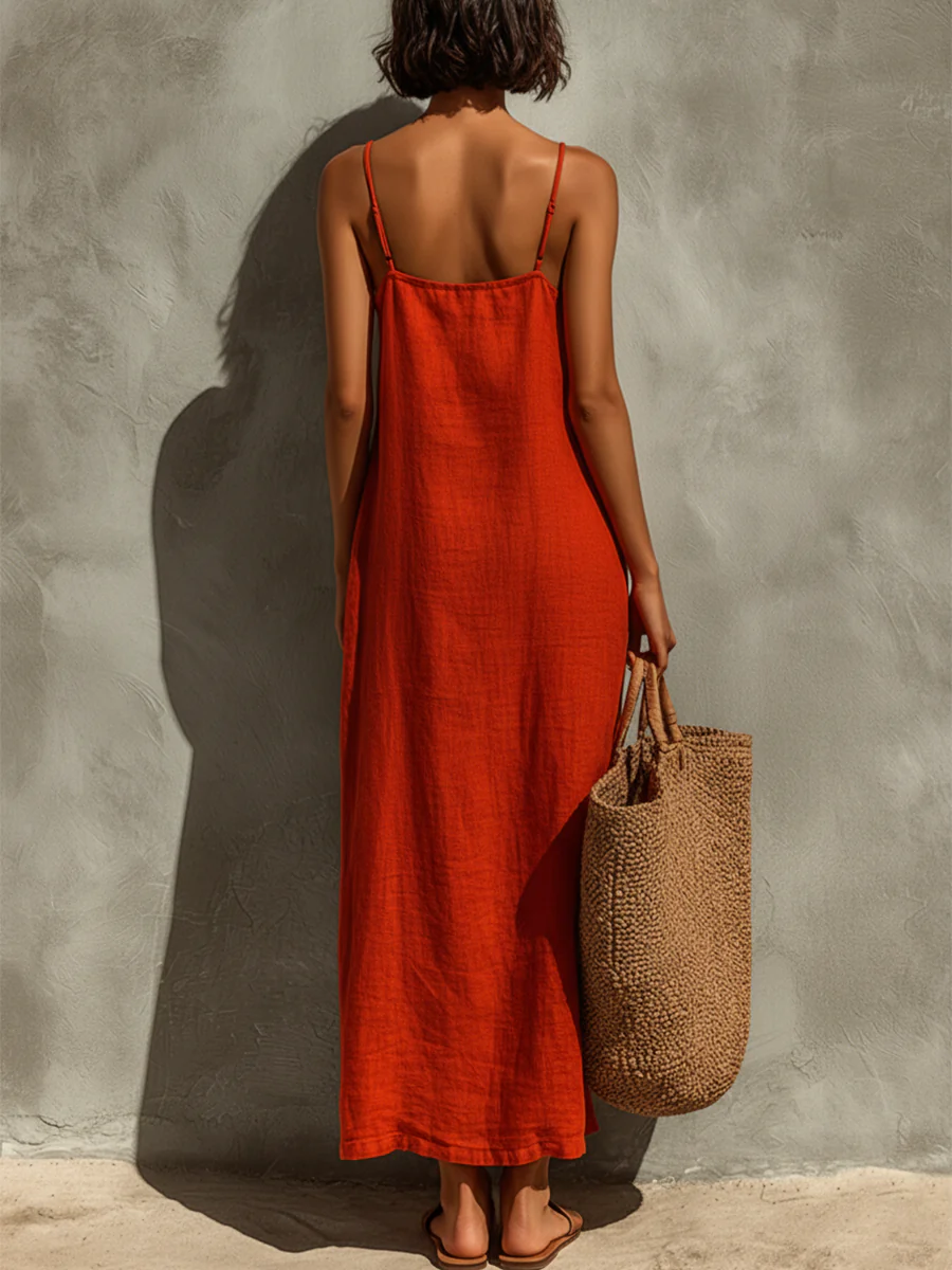 Abito Maxi in Lino Sintetico Rosso con Spalline