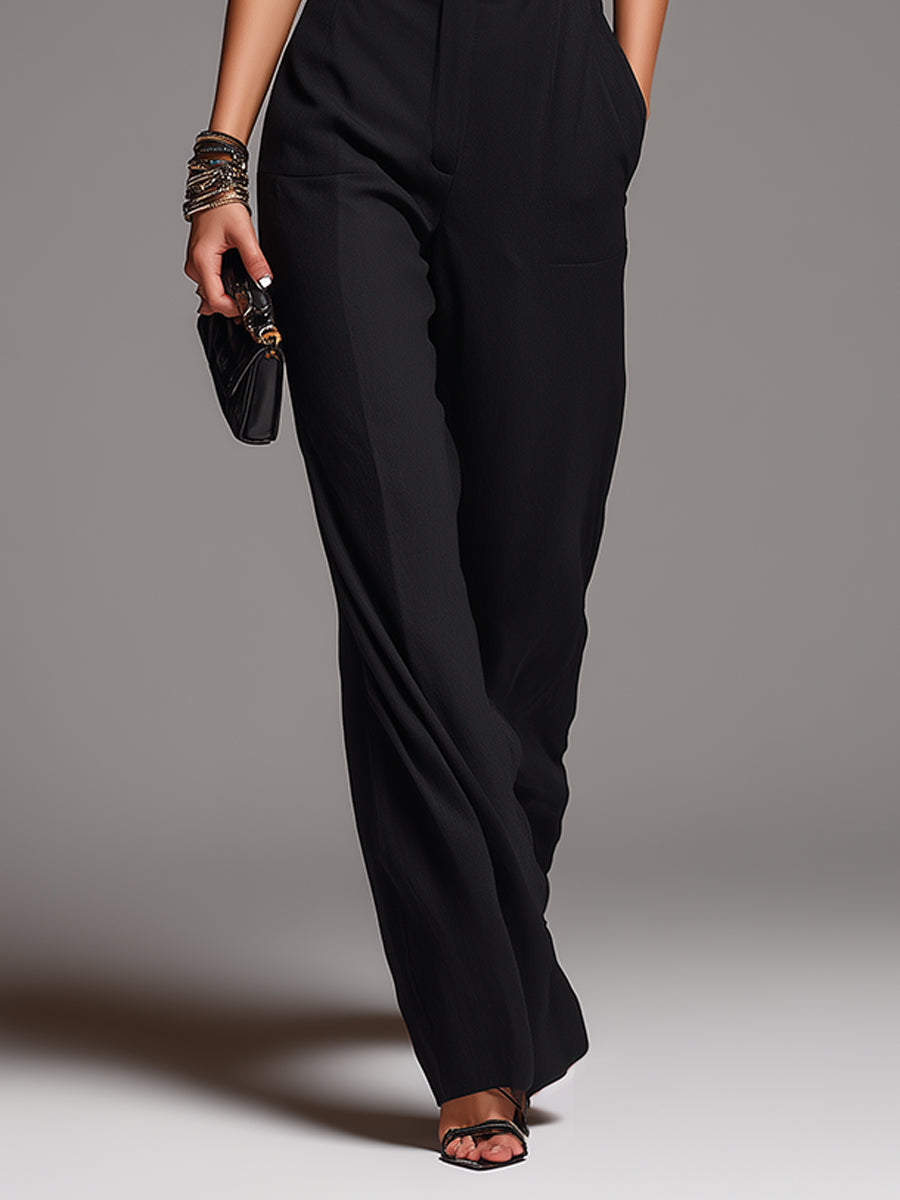 Blusa in Chiffon Nero con Maniche Ruffle e Set di Pantaloni a Vita Alta e Gamba Larga