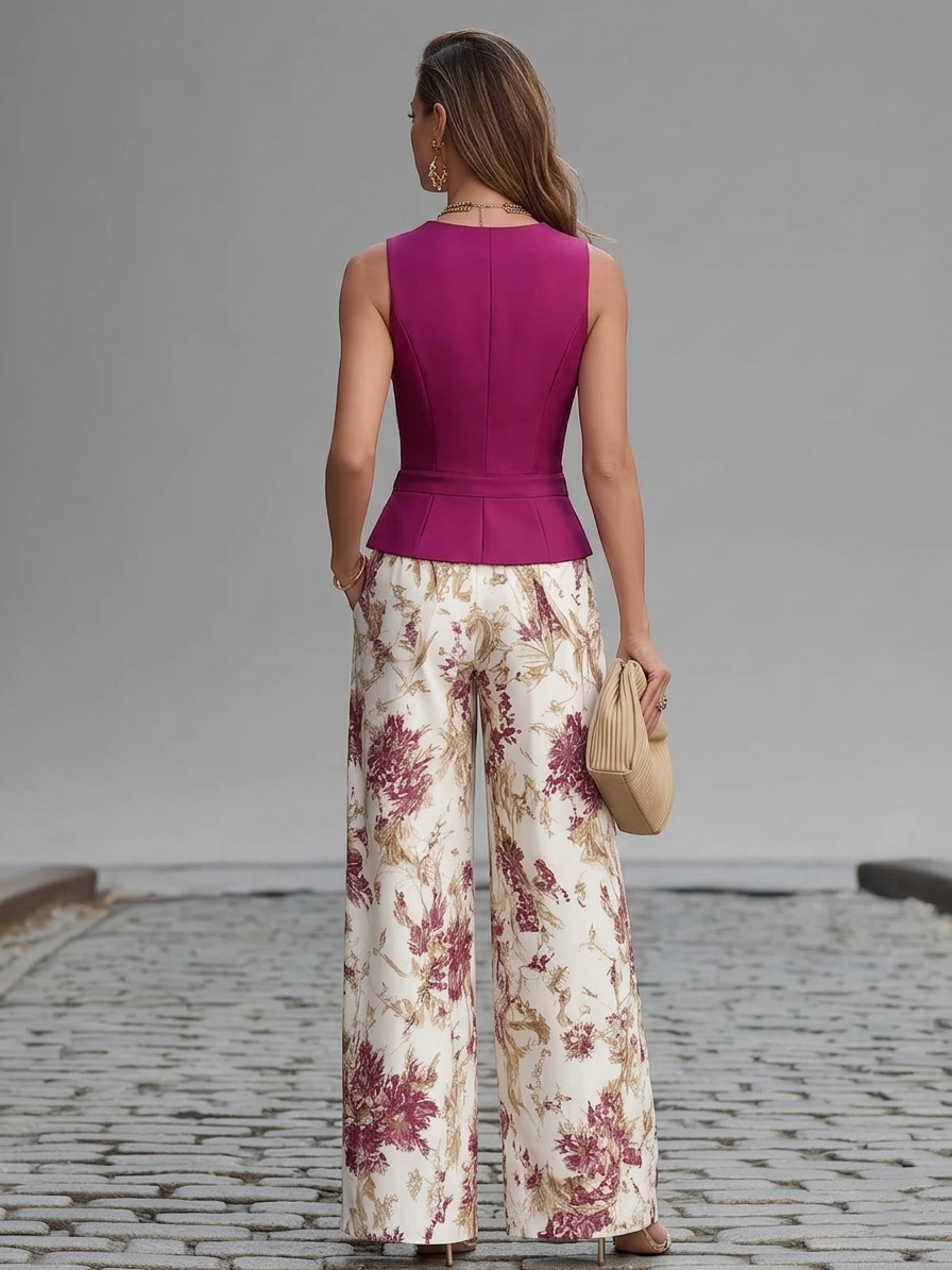 Set di Gilet Senza Maniche Rosa e Pantaloni Ampi Stampati a Fiori