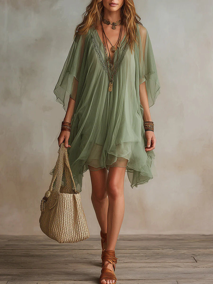 Abito Mini Flowy a V in Chiffon Verde