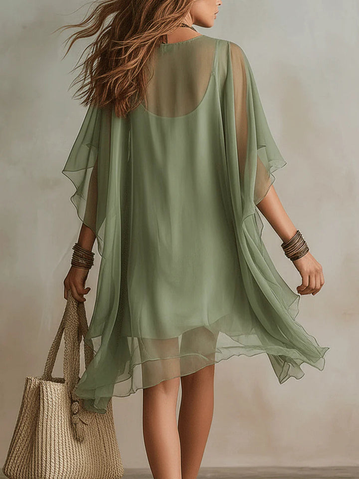 Abito Mini Flowy a V in Chiffon Verde
