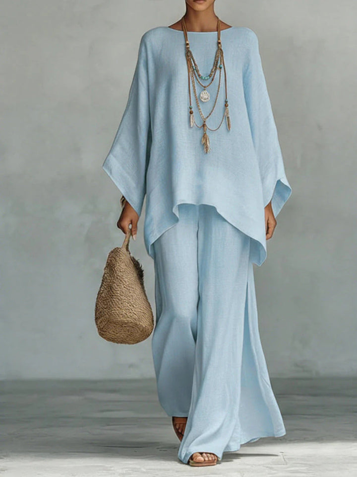 Set di Top e Pantaloni Flowy in Mistura di Lino Minimalista