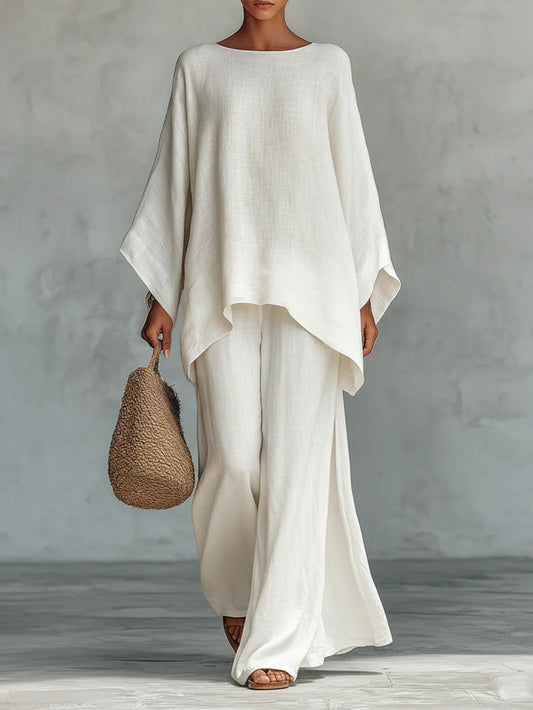 Set di Top e Pantaloni Flowy in Mistura di Lino Minimalista