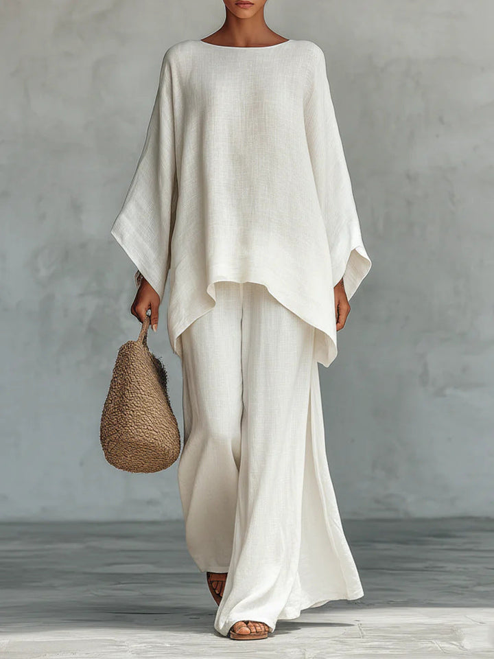 Set di Top e Pantaloni Flowy in Mistura di Lino Finto Minimalista