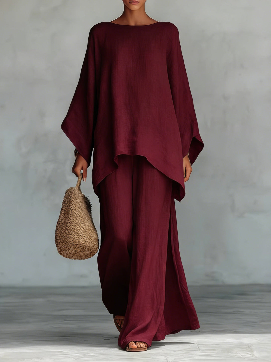 Set di Top e Pantaloni Flowy in Mistura di Lino Finto Minimalista