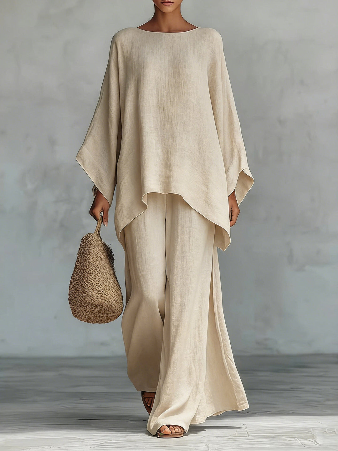 Set di Top e Pantaloni Flowy in Mistura di Lino Finto Minimalista