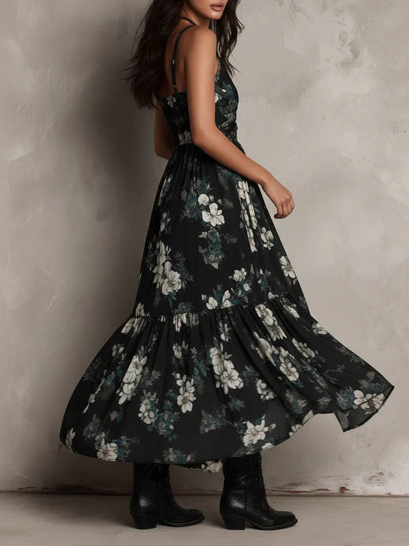 Sandra Vestito Maxi Asimmetrico senza Spalline con Stampa Floreale Bohemien Nera
