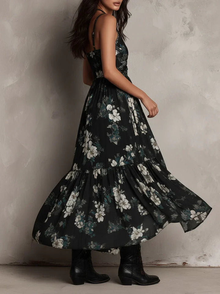 Sandra Vestito Maxi Asimmetrico senza Spalline con Stampa Floreale Bohemien Nera