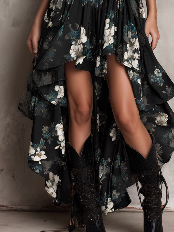 Abito Maxy Senza Spalline Irregolare con Stampa Floreale Nera Bohemien