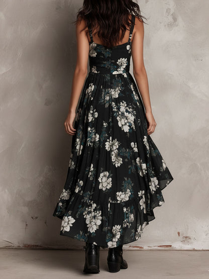 Abito Maxi Senza Spalline Irregolare con Stampa Floreale Bohemien Nera