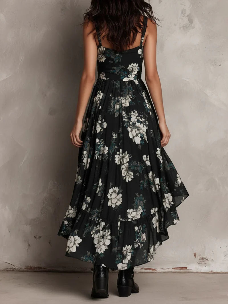 Sandra Vestito Maxi Asimmetrico senza Spalline con Stampa Floreale Bohemien Nera
