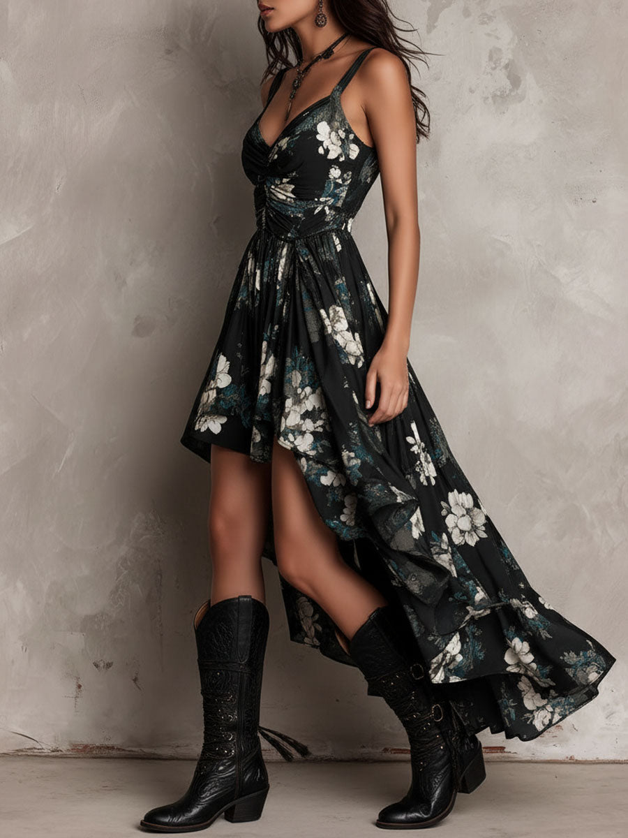 Abito Maxy Senza Spalline Irregolare con Stampa Floreale Nera Bohemien