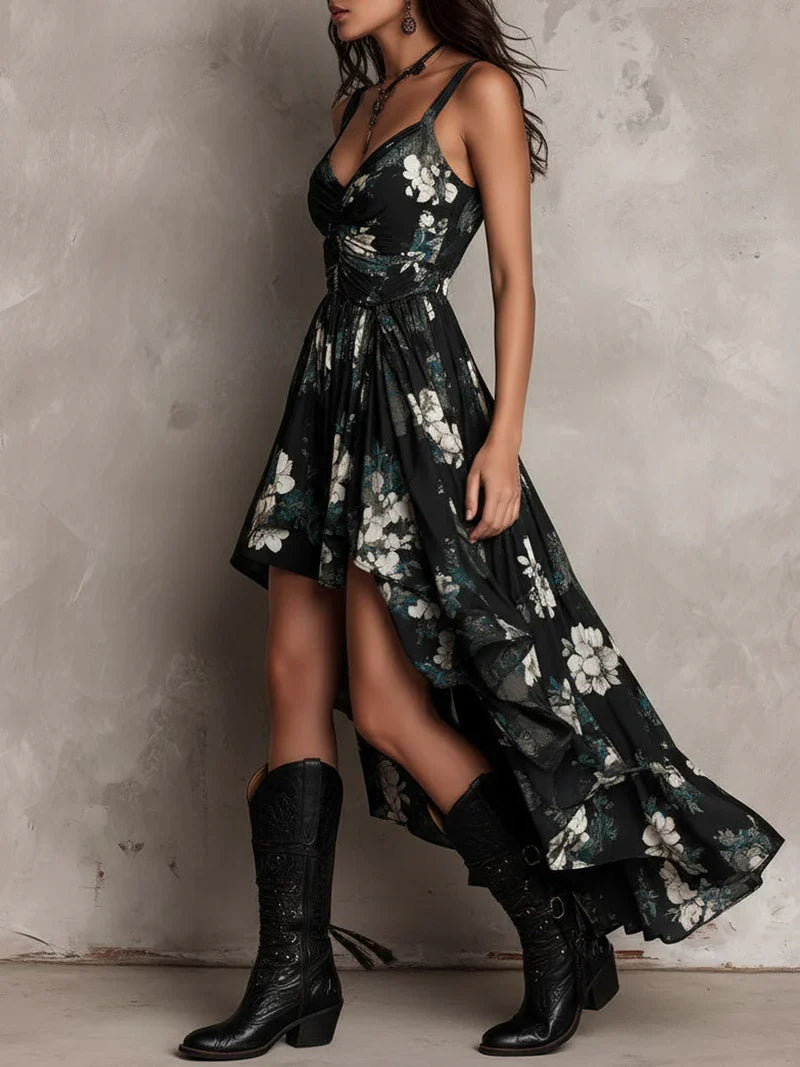 Sandra Vestito Maxi Asimmetrico senza Spalline con Stampa Floreale Bohemien Nera