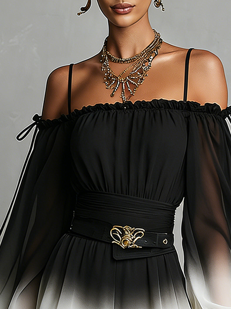 Tuta Chiffon Gradient Off-shoulder in Bianco e Nero (con cintura)