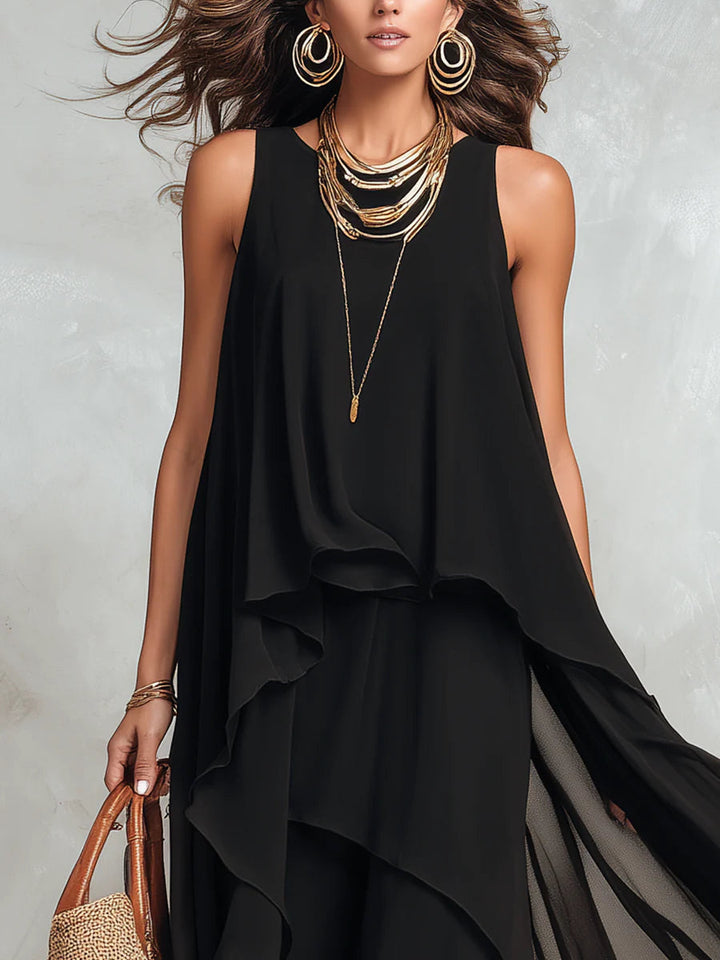 Abito Maxi Senza Maniche in Chiffon Nero a Strati con Collo Rotondo