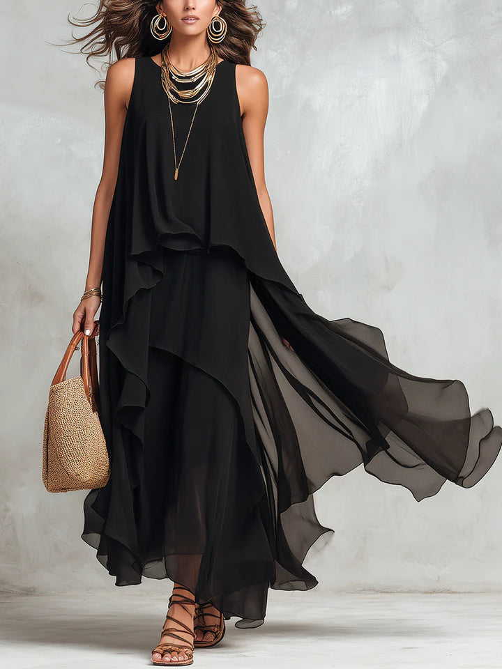 Abito Maxi Senza Maniche in Chiffon Nero a Strati con Collo Rotondo