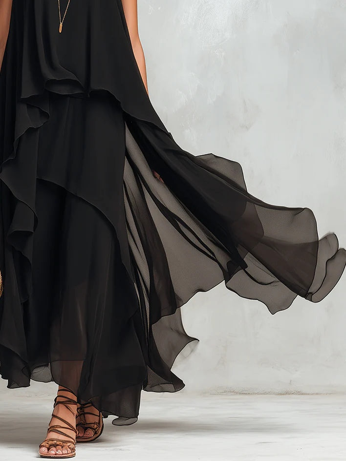 Abito Maxi Senza Maniche in Chiffon Nero a Strati con Collo Rotondo