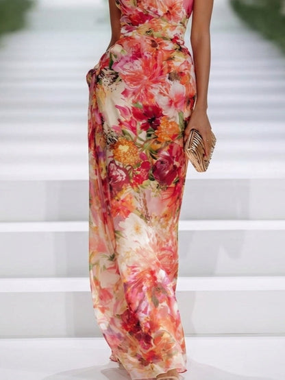 Abito Maxi Senza Maniche in Chiffon Rosso con Scollo a Halter