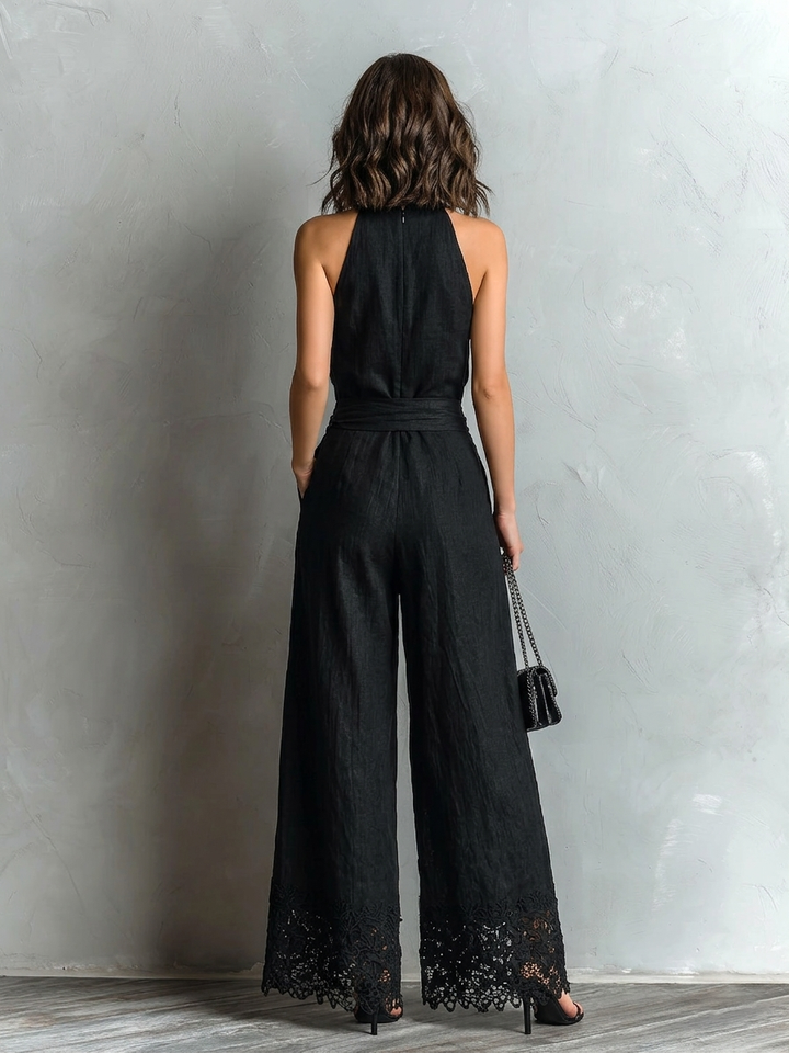 Set di Top Halter Neck in Cotone-lino Finto Nero con Pantaloni a Gamba Larga con Lacci e Dettagli in Pizzo