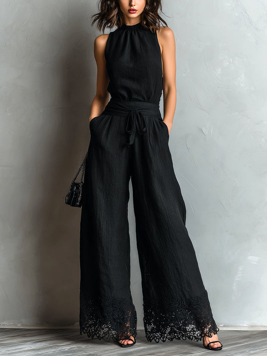 Set di Top Halter Neck in Cotone-lino Finto Nero con Pantaloni a Gamba Larga con Lacci e Dettagli in Pizzo